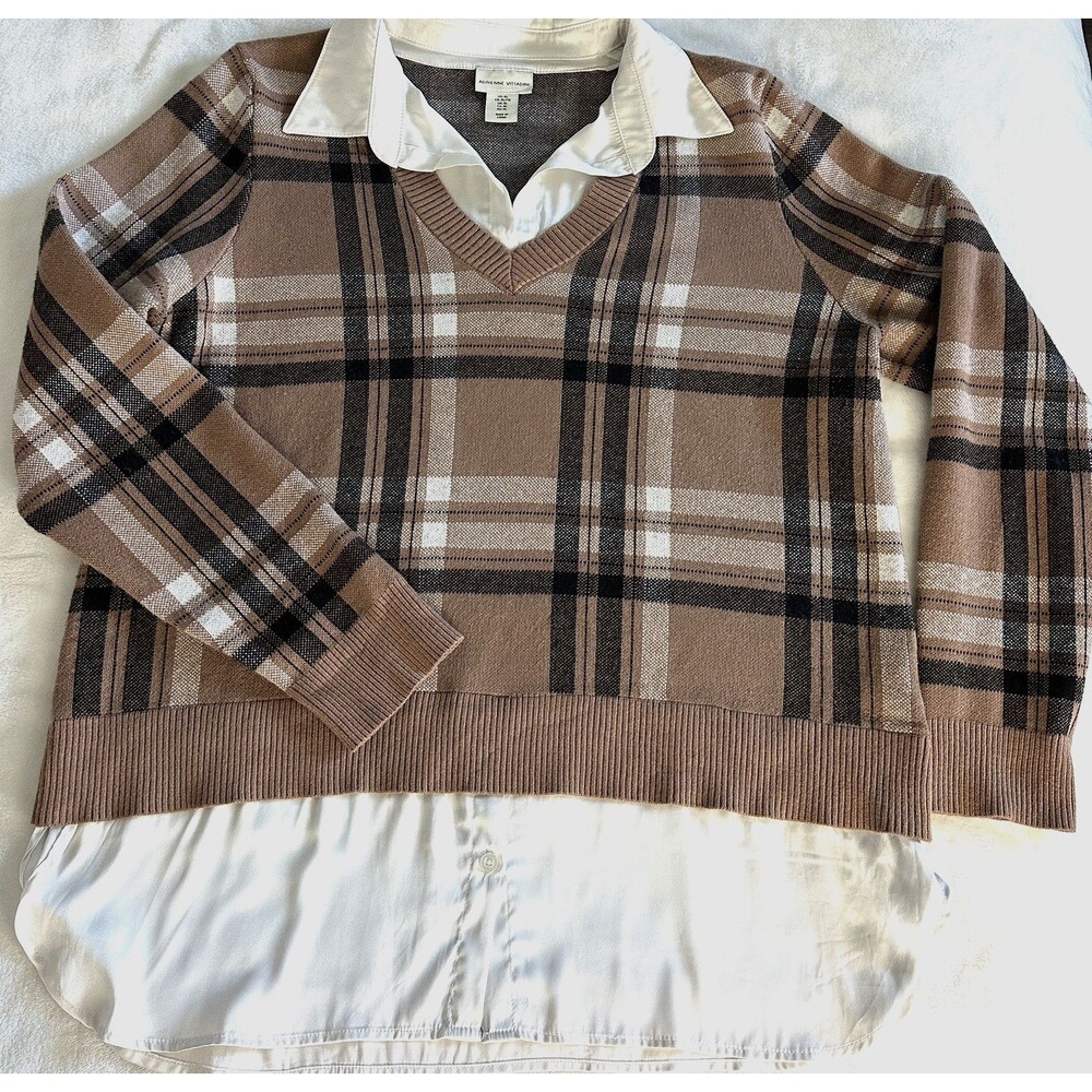 Adrienne Vittadini Layered Plaid Sweater XL Brown Beige V-Neck Faux 2-in-1 Top